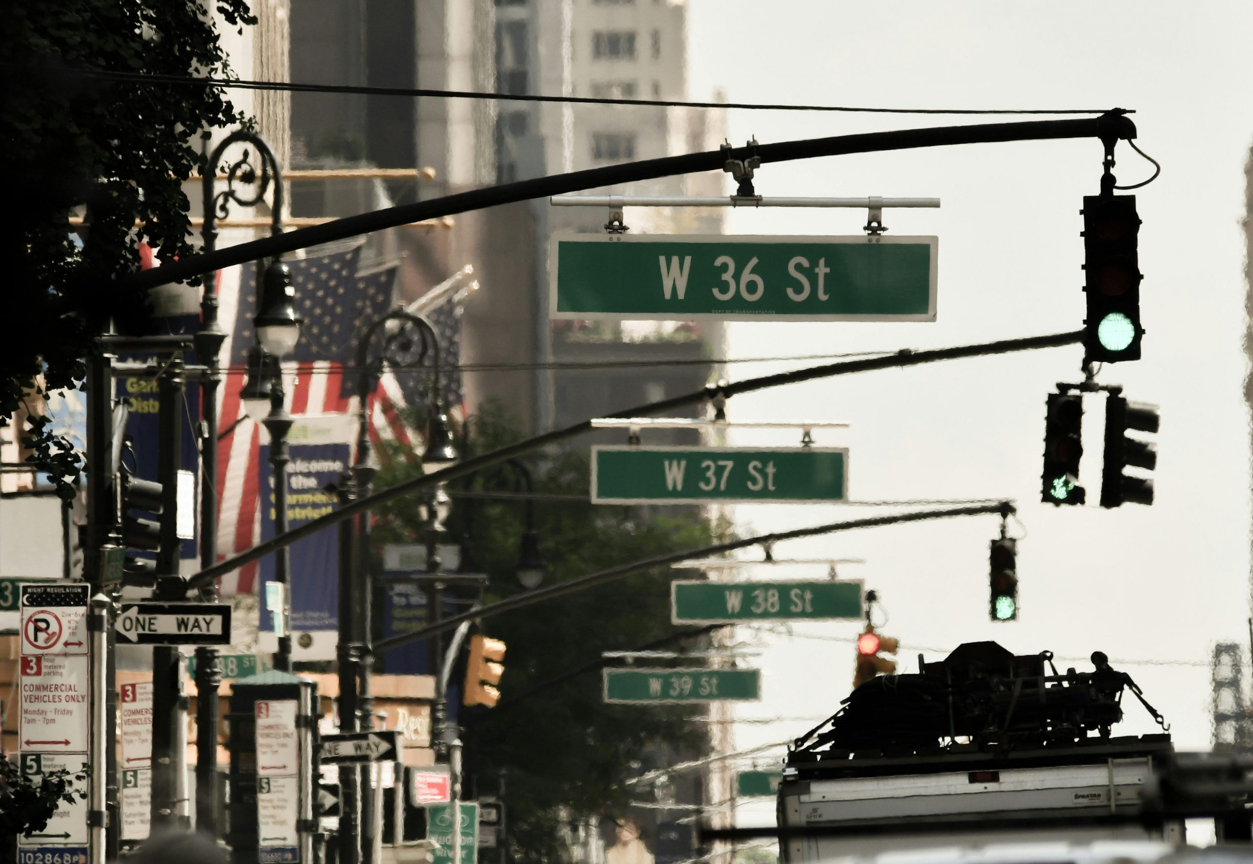 Moderne Straße in New York mit Straßennummern 36 bis 39, eingerahmt von Hochhäusern